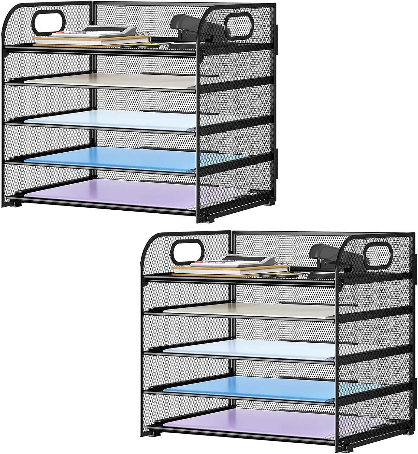 Paper Organizer Letter Tray with Handle, 5-Tier Black Stackable Desk Organizer with Metal Mesh, Sturdy Paper Tray for Office Desk, Home & Classroom Supplies Storage