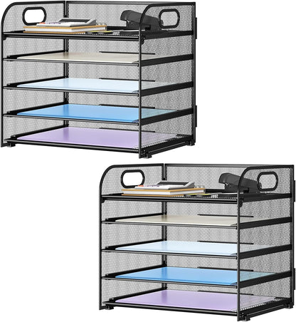 Paper Organizer Letter Tray with Handle, 5-Tier Black Stackable Desk Organizer with Metal Mesh, Sturdy Paper Tray for Office Desk, Home & Classroom Supplies Storage