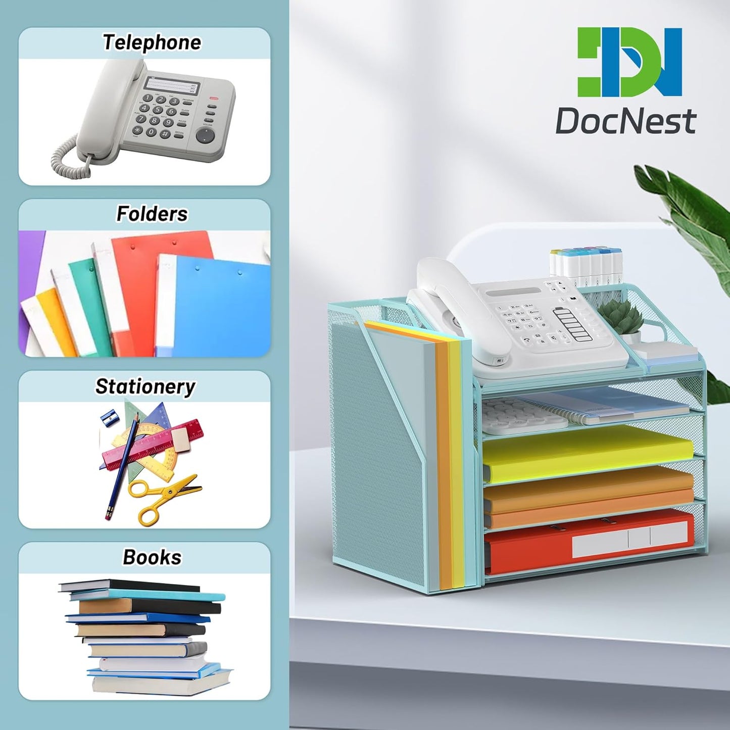 DocNest 4 Tier Metal Mesh Letter Tray - Space Saving Desk File Organizer with Handle, Pen Holder & Folder Holder - Desktop Document Sorter for Office, Home, School, Classroom - Black