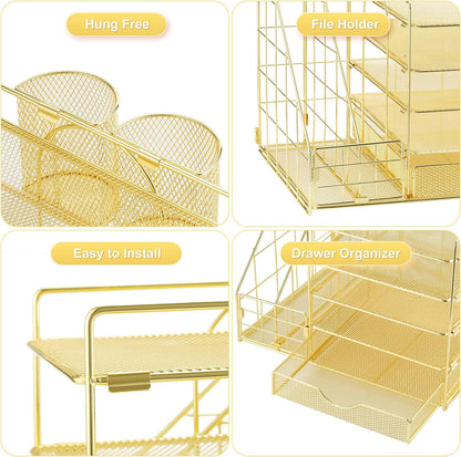 Marbrasse Desk Organizer with File Holder, 5-Tier Paper Letter Tray Organizer with Drawer and 2 Pen Holder, Mesh Desktop Organizer and Storage with Magazine Holder for Office Supplies(Black)