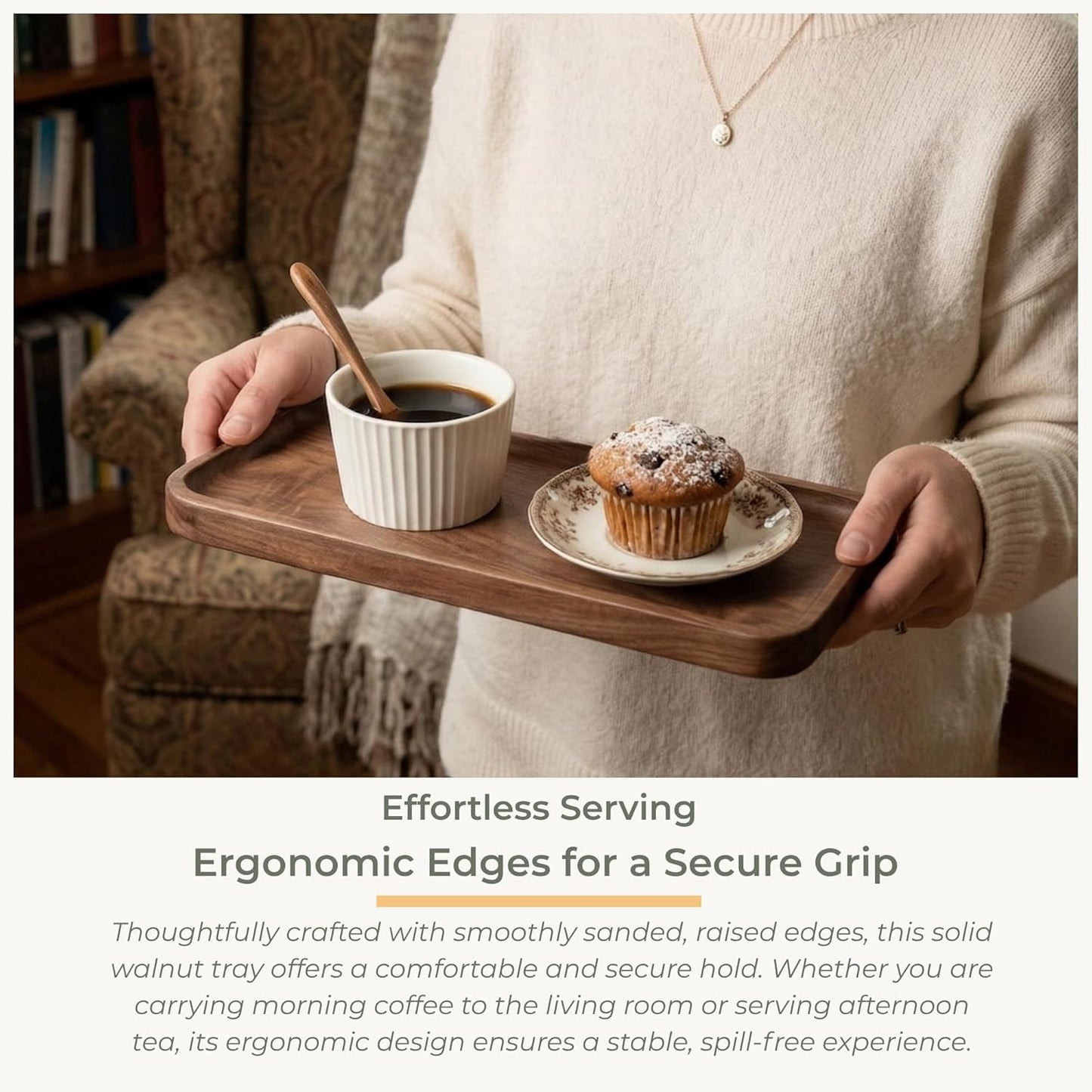 Muso Walnut Serving Tray - Solid Wood Small Rectangle Platter for Bathroom, Dinner, Tea, Coffee (11.8 x 5 in)