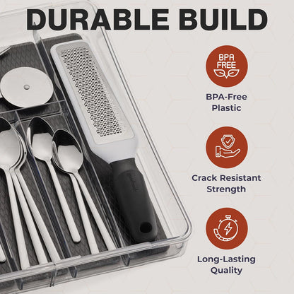 Masirs Expandable Utensil Drawer Organizer - BPA-Free Plastic Clear Silverware Tray with Multiple Compartments - Non-Slip Cutlery Storage for Kitchen, Bathroom, or Office Drawers (Clear)