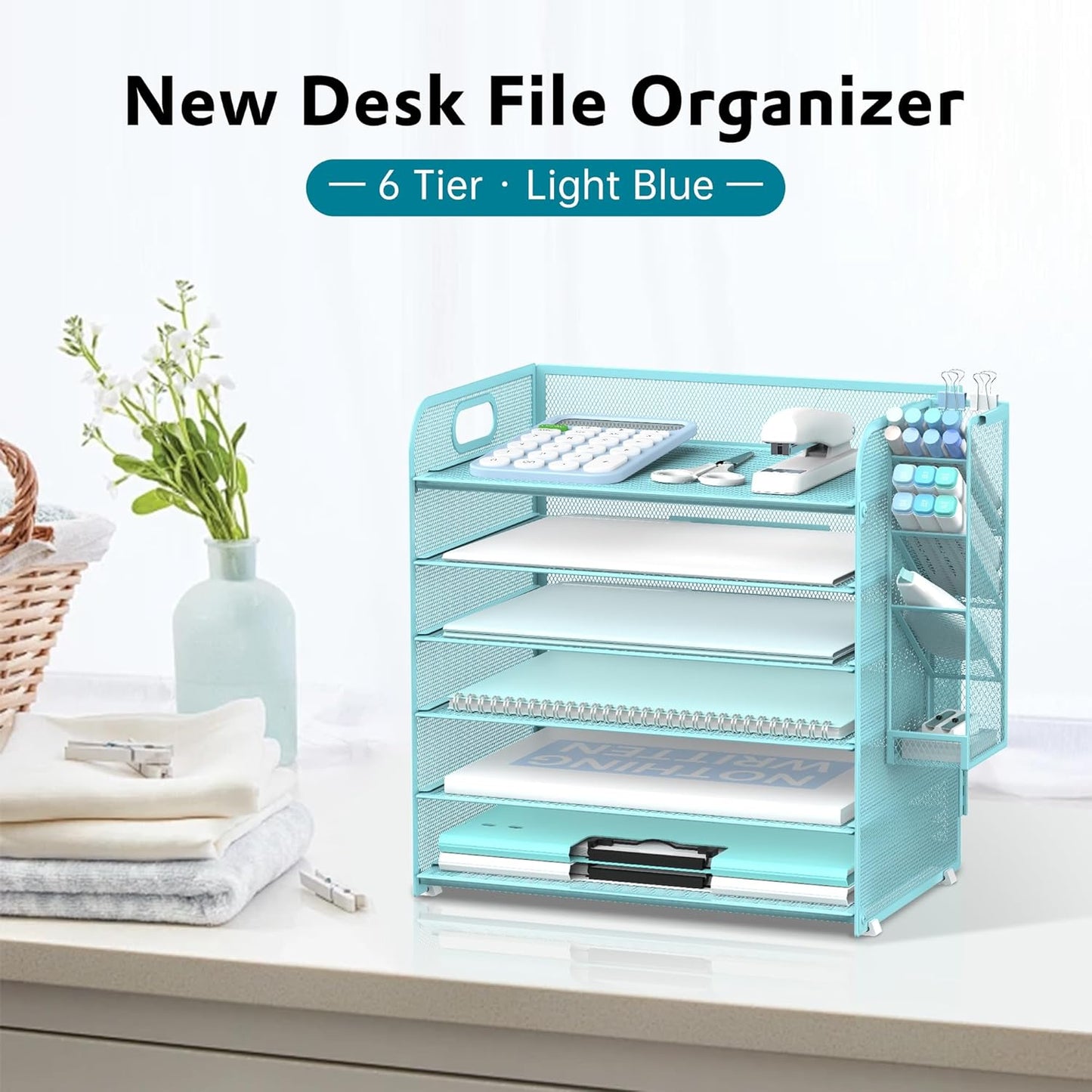SUPEASY 6 Tier Desk Organizer with 4 Pen Holders, Mesh Paper Organizer Letter Tray with Handle, Desk Organizer Tray File Organizer for A4 File Folder, Black