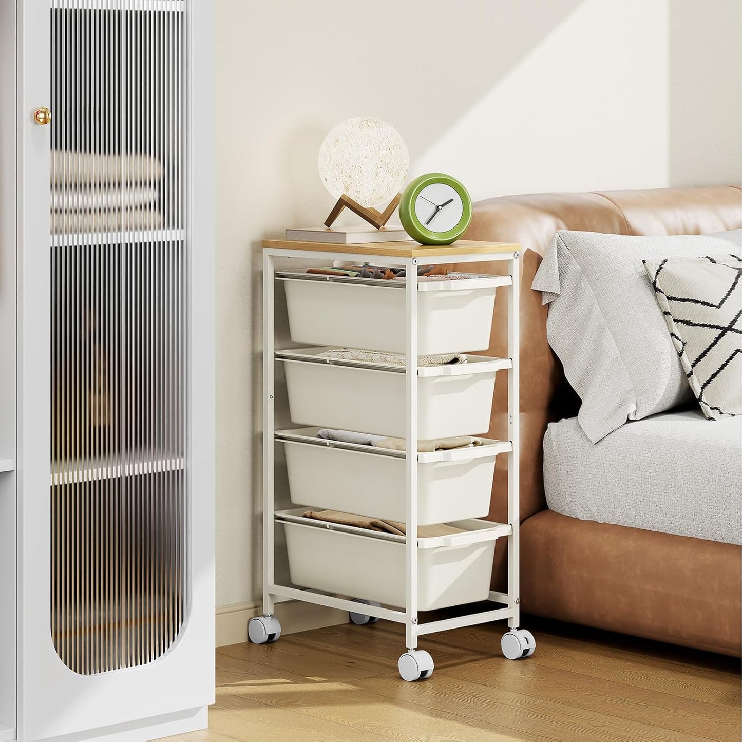 Rolling Storage Cart with 3 Drawers, Craft Organizer, Wooden Tabletop Utility Cart for Bedroom, Children's Room and Office Organization, Under Desk Trolley with Lockable Wheels,White
