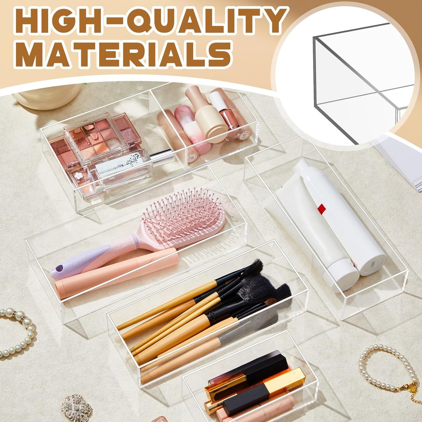Briwooody Set of 5 Acrylic Desk Bathroom Organizer, Makeup Drawer Organizer Trays, Storage Bins for Stationery, Makeup, Jewelry, Gadgets for Kitchen, Office, Bedroom, Bathroom Gifts