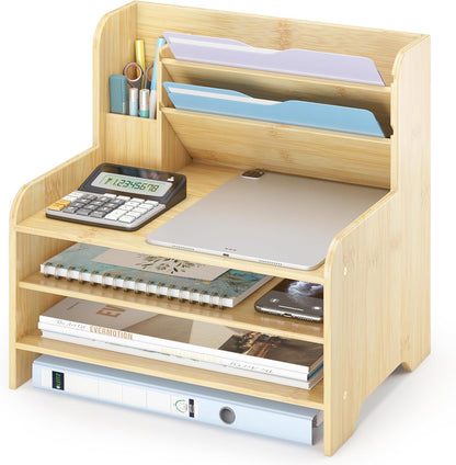 Desk File Organizer 4-Tier Desktop Paper Mail Organizer Document Holder for Home Office Supplies, Office Desk Accessories & Workspace (Nature)