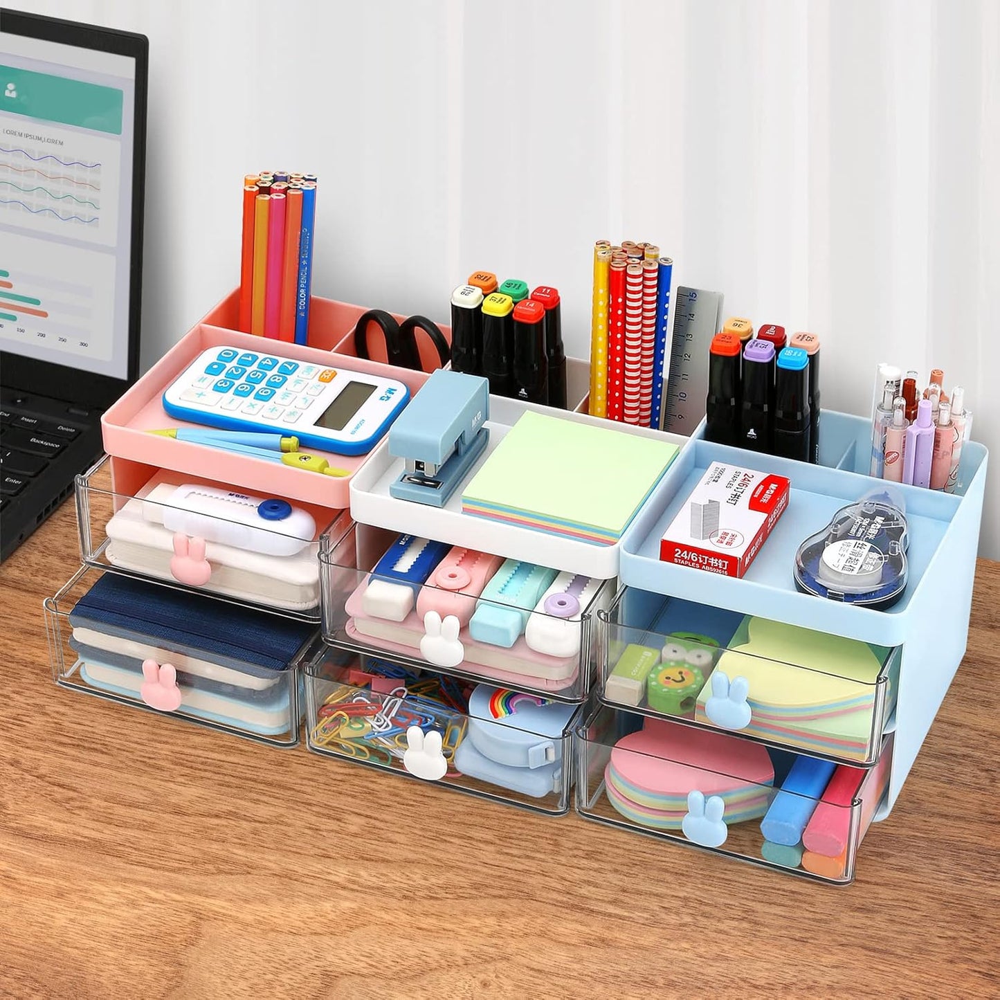 LETURE Small Desk Organizer With Drawer, Office Desktop Storage Box, Business Card/Pen/Pencil/Mobile Phone/Stationery Holder Storage Box, Makeup Organizer for Office School Home (Pink)