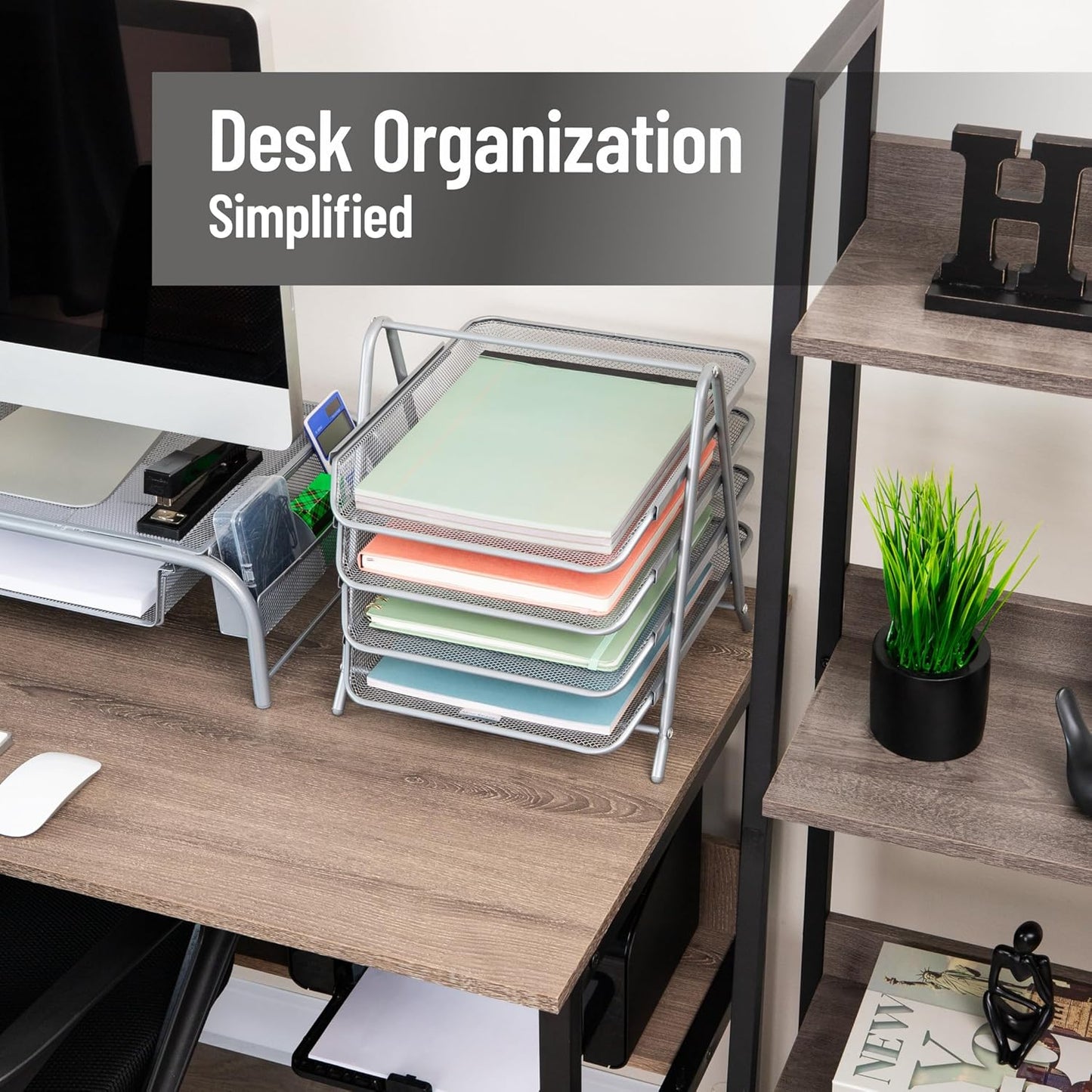 Mind Reader 4-Tier Paper Tray, Desktop Organizer, File Storage, Workspace, Office, Metal Mesh, 12"L x 13.75"W x 12.5"H, Black
