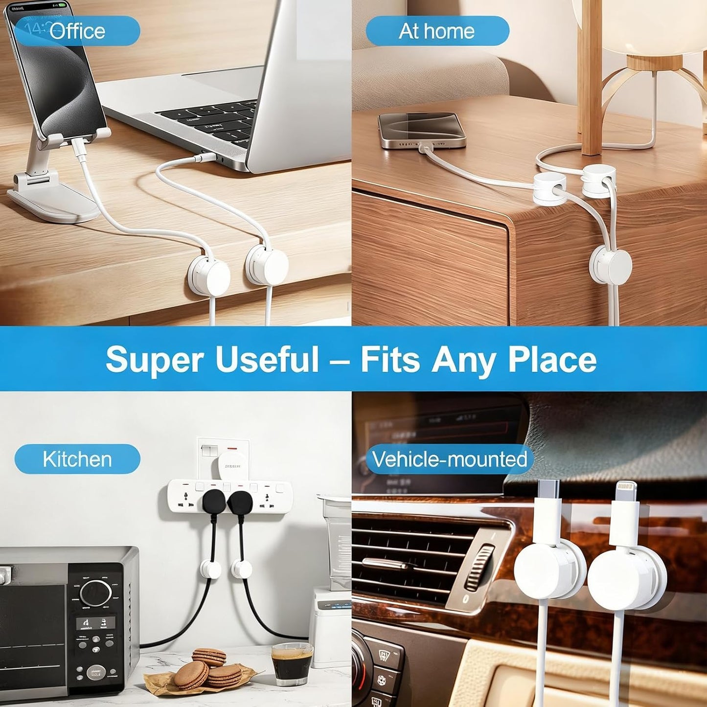 6pcs Magnetic Cable Clips, 360° Swiveling Adhesive Cable Organizer - Compact Cable Holder for Desk, Nightstand, Car, Kitchen & Home Office - Charger Cord Holder Solution by MarLigavid (White)