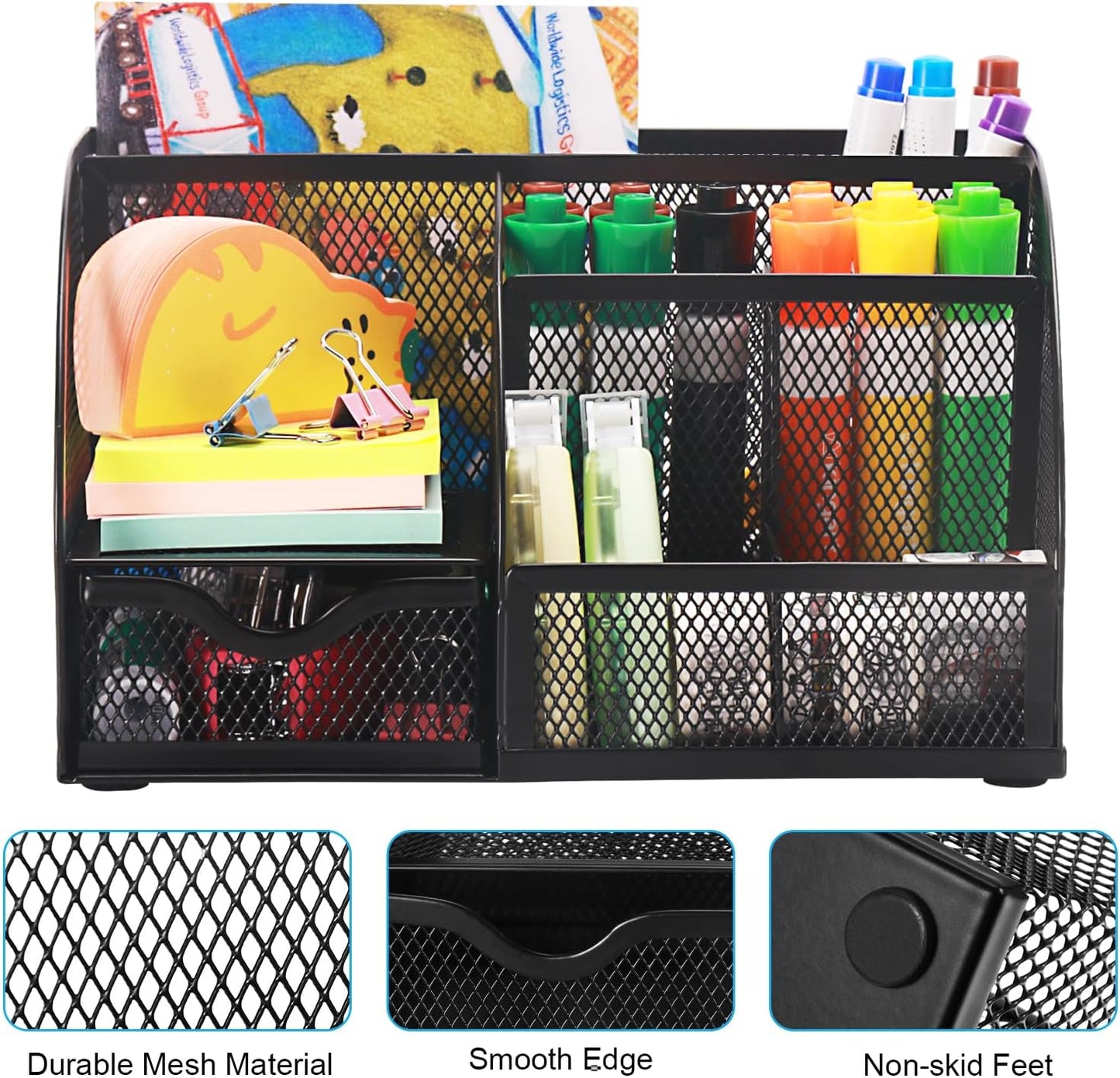 Comix Mesh Pen Pencil Holder Desk Organizer, 3 Compartment Wire Desktop Pen Pencil Cup Caddy Office Supplies Desk Accessories for Home Office School, Black