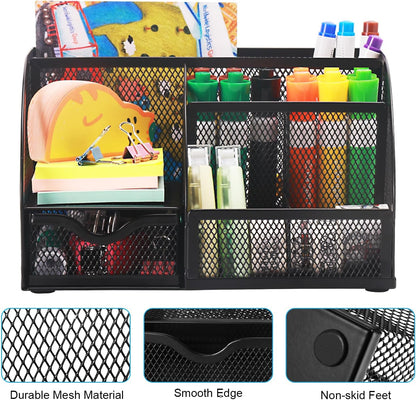 Comix Mesh Pen Pencil Holder Desk Organizer, 3 Compartment Wire Desktop Pen Pencil Cup Caddy Office Supplies Desk Accessories for Home Office School, Black