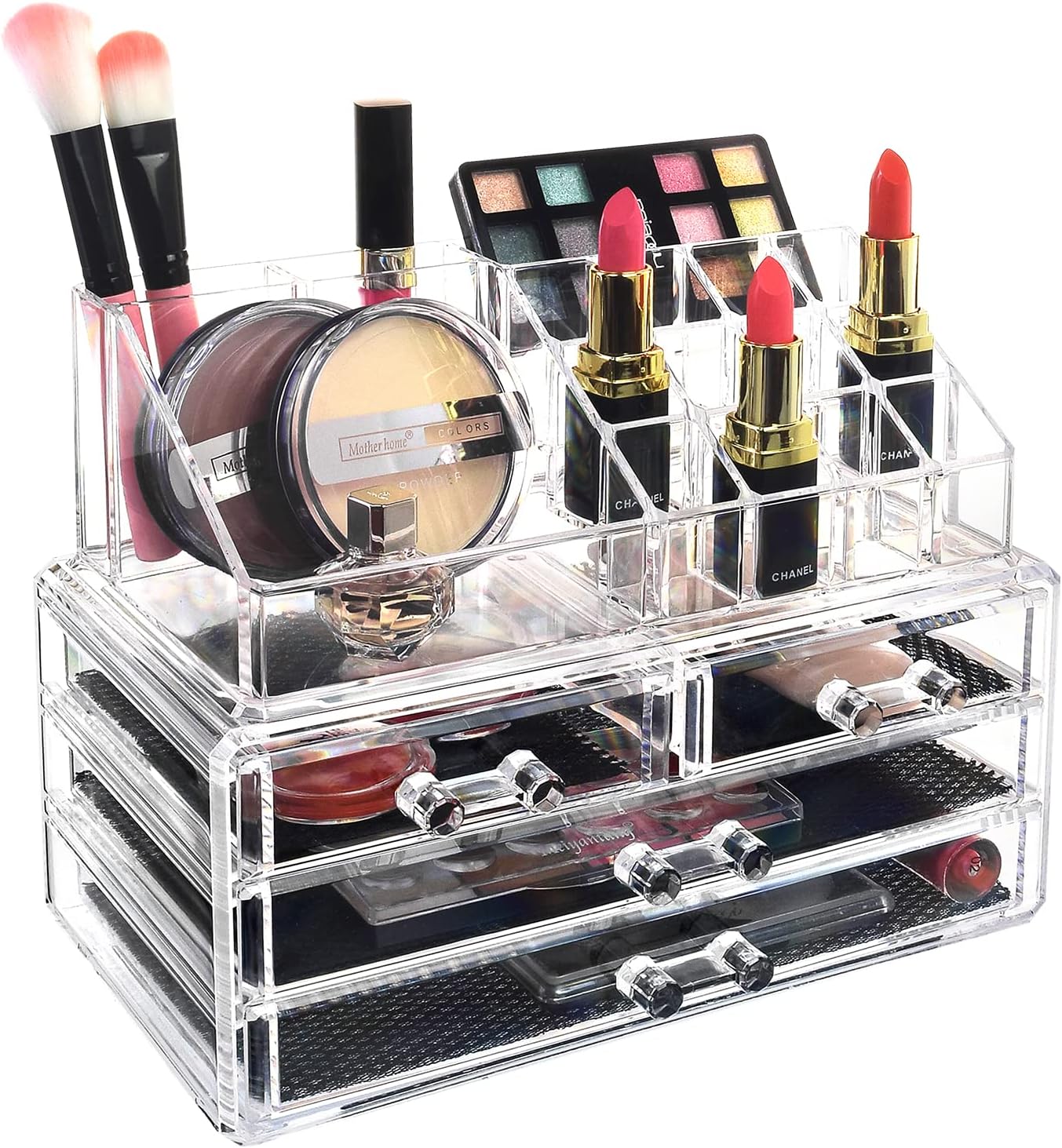 Ikee Design Acrylic Makeup Organizer with 4 Drawers and Removable Top Lipstick Holders, Ideal for Make-up or Accessories,Enhance Your Vanity or Bathroom with Clear Design for Quick Visibility