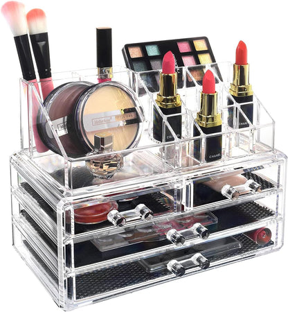 Ikee Design Acrylic Makeup Organizer with 4 Drawers and Removable Top Lipstick Holders, Ideal for Make-up or Accessories,Enhance Your Vanity or Bathroom with Clear Design for Quick Visibility