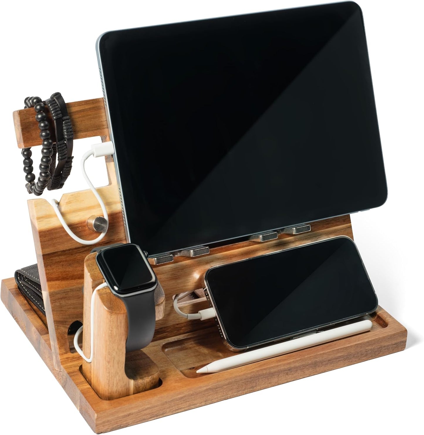 Wood Phone Docking Station for Men, Nightstand Organizer, Gifts for Him from Daughter Son Wife, Christmas Anniversary Birthday Gift Ideas for Husband Him