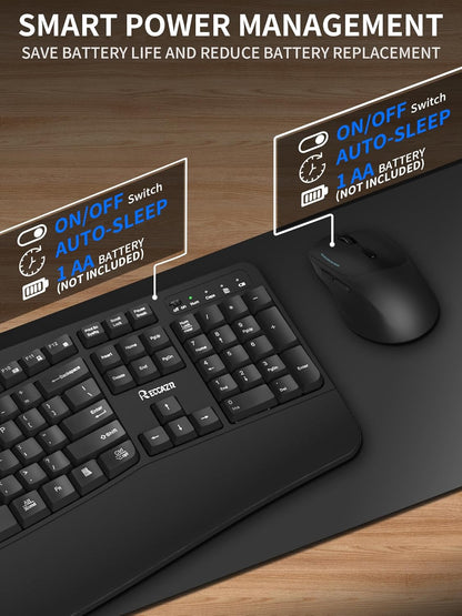 Wireless Keyboard and Mouse Combo,2.4G Full Size Wave Keys Ergonomic Keyboard with Wrist Rest for Natural Typing, 3 DPI Adjustable Ergonomic Silent Mouse for Computer/Laptop/Windows/Mac (Gray)