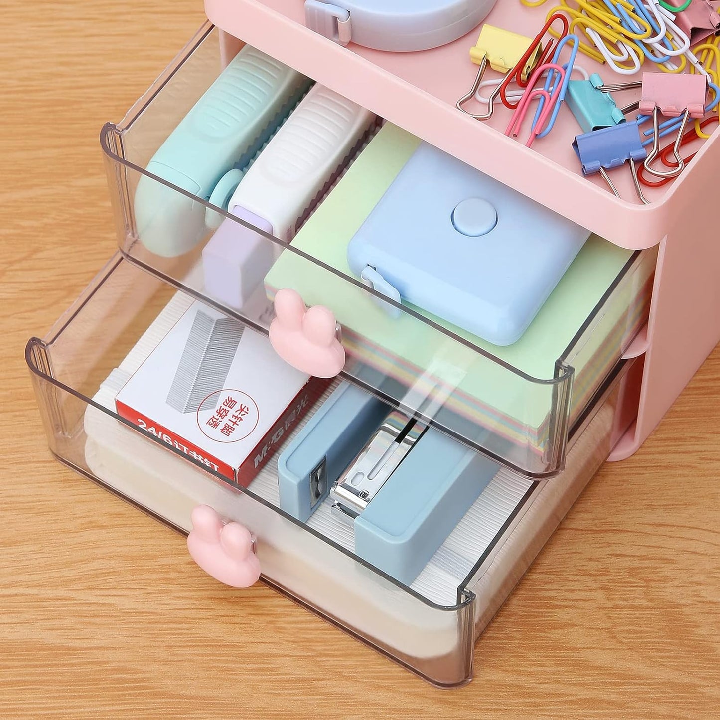 LETURE Small Desk Organizer With Drawer, Office Desktop Storage Box, Business Card/Pen/Pencil/Mobile Phone/Stationery Holder Storage Box, Makeup Organizer for Office School Home (Pink)