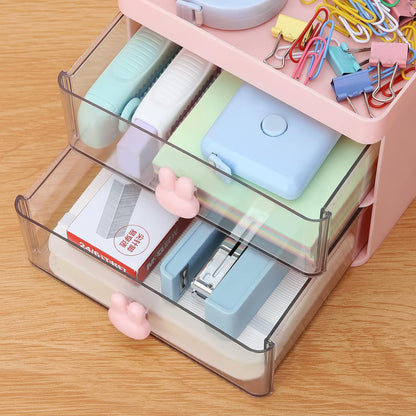 LETURE Small Desk Organizer With Drawer, Office Desktop Storage Box, Business Card/Pen/Pencil/Mobile Phone/Stationery Holder Storage Box, Makeup Organizer for Office School Home (Pink)