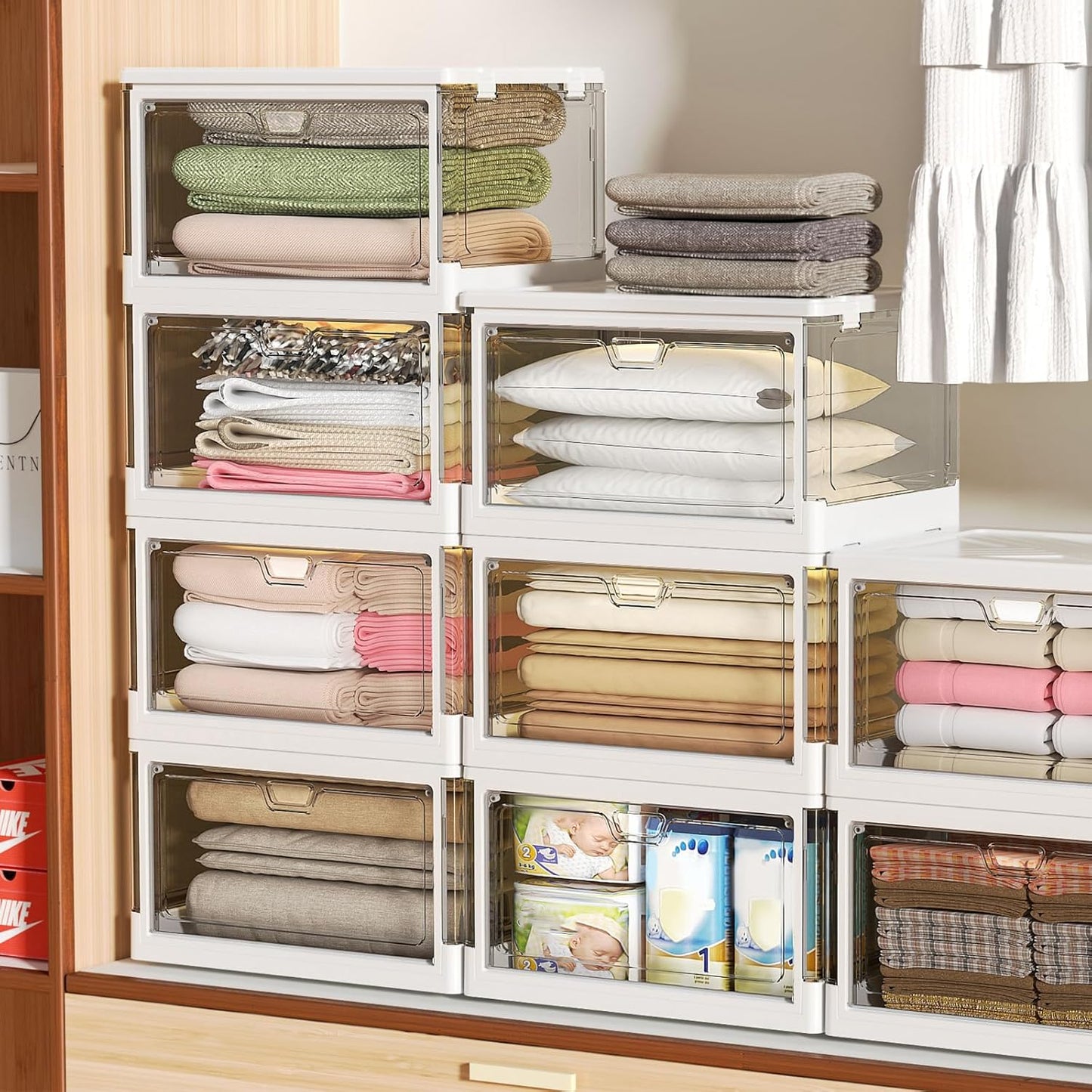 Kmiectse Clear Storage Bins with Lids - 4 Tier Plastic Bins with Wheels, Stackable Storage Bin, Closet Organizers Box for Bedroom, Living Room, 23 QT Folding Box with Magnetic door