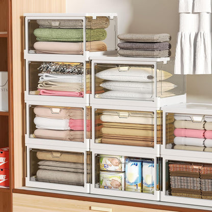 Kmiectse Clear Storage Bins with Lids - 4 Tier Plastic Bins with Wheels, Stackable Storage Bin, Closet Organizers Box for Bedroom, Living Room, 23 QT Folding Box with Magnetic door