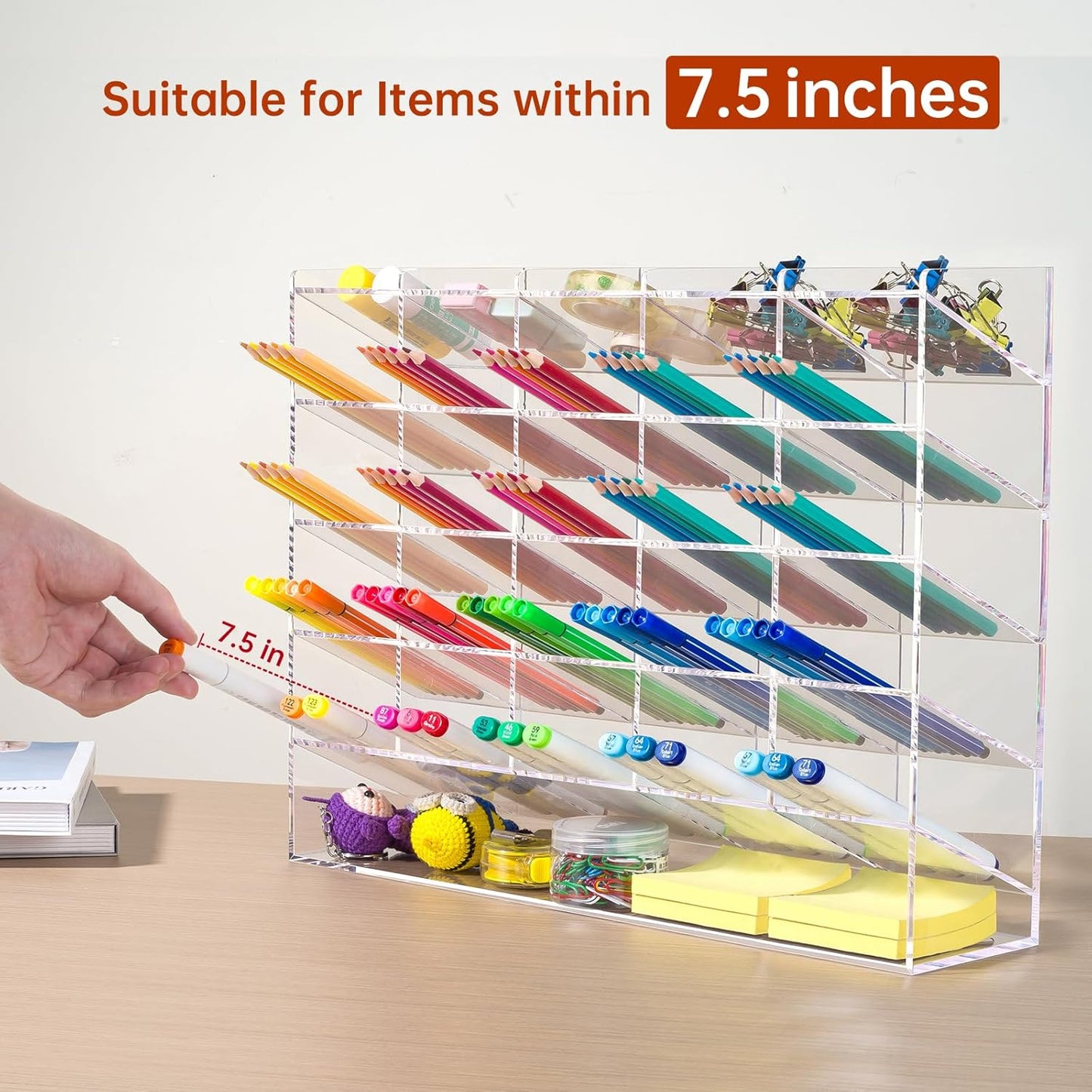 BEYGORM Acrylic Vertical Marker Organizer for 150 Markers with 13 Compartments, Clear Angled Pen & Pencil Holder, Large Desk Stationery & Art Supply Storage for Office & School (10.2 x 9.8 x 4 Inch)