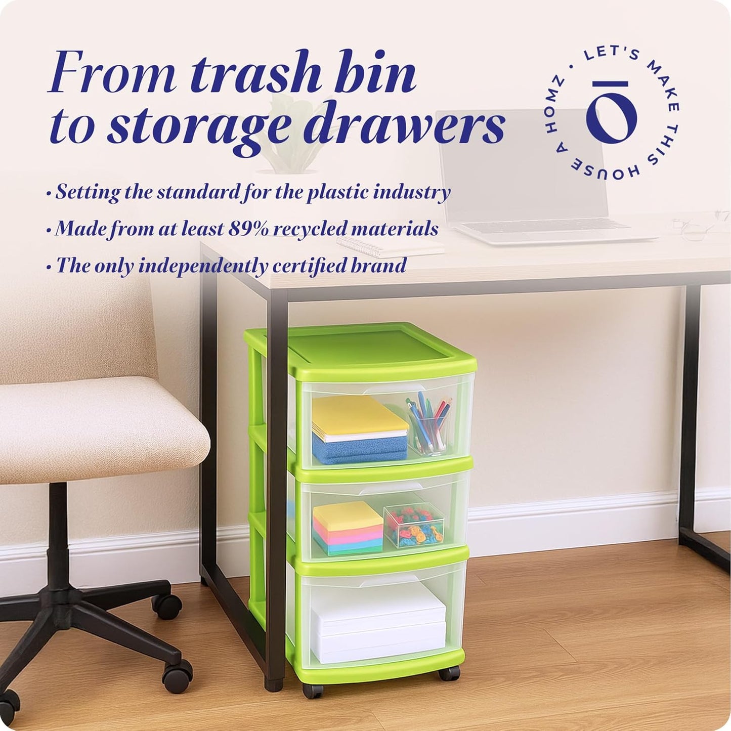 HOMZ Drawer Tower, 3-Tier Rolling Storage Cart with Removable Wheels, White Frame – Plastic Organizer with Clear Bin Drawers for Bedroom, Bathroom, Home Office, and Dorm Room