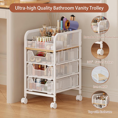Rolling Makeup Cart Organizer with 3 Drawers, 4-Tier Narrow Floor Skincare Organizers with dividers, Vanity Organizer Cosmetics Display Cases for Makeup Brush, Hair Tool, White