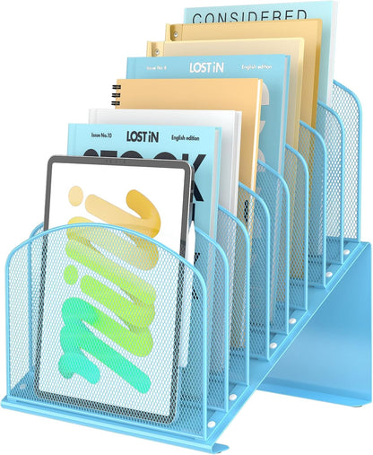 Inclined Desk File Organizer Metal Desk Magazine Folder Holder with 8-Section Vertical Compartments Rack File Organizer for Office, Home, School, Black