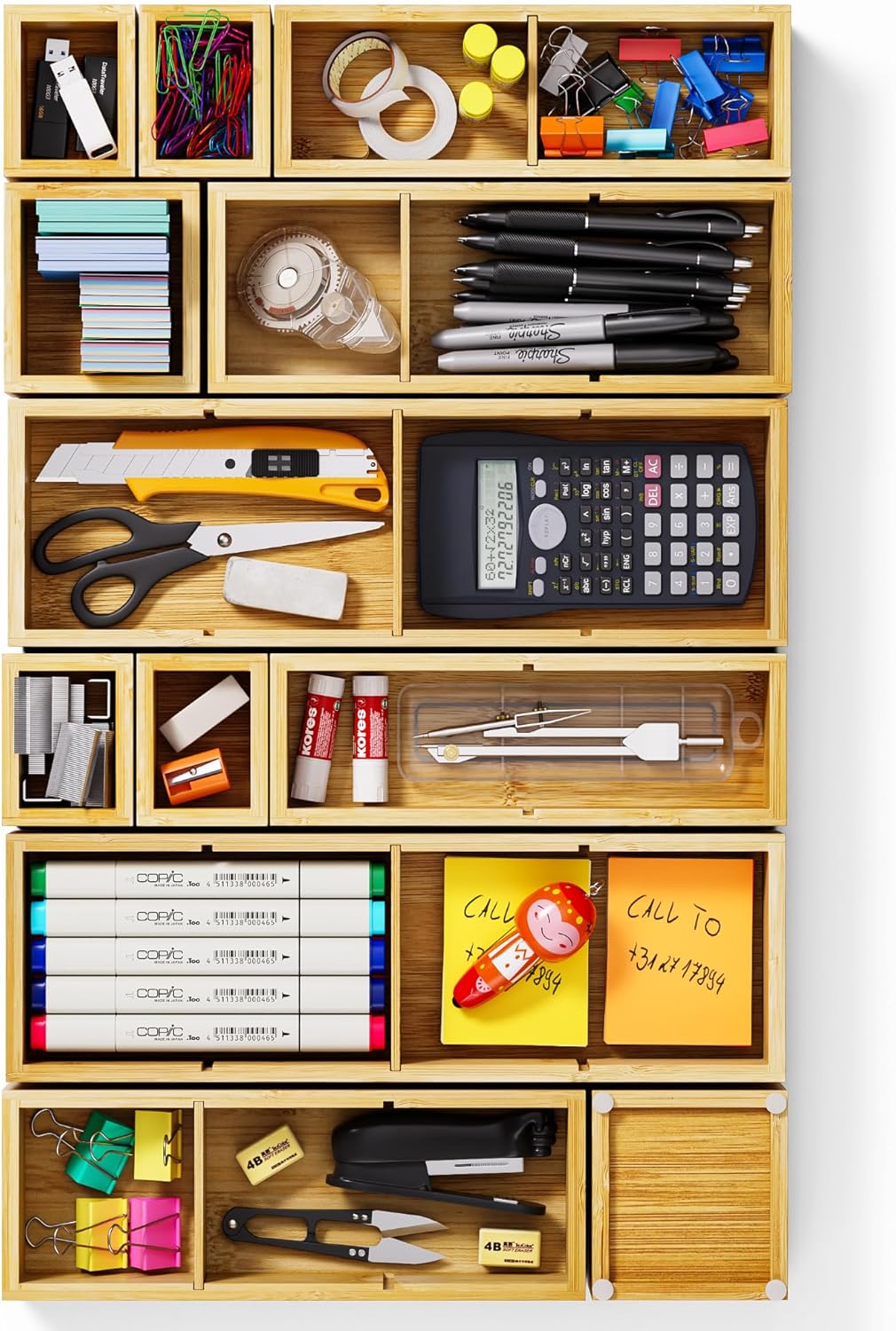 Bamboo Drawer Organizer with 9 Adjustable Compartments, Office Desk Organization Tray for Office Utensils, Supplies, Makeup, Jewelry, and More – Ideal for Desk or Drawer Storage