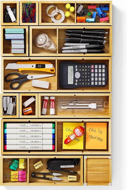 Bamboo Drawer Organizer with 9 Adjustable Compartments, Office Desk Organization Tray for Office Utensils, Supplies, Makeup, Jewelry, and More – Ideal for Desk or Drawer Storage
