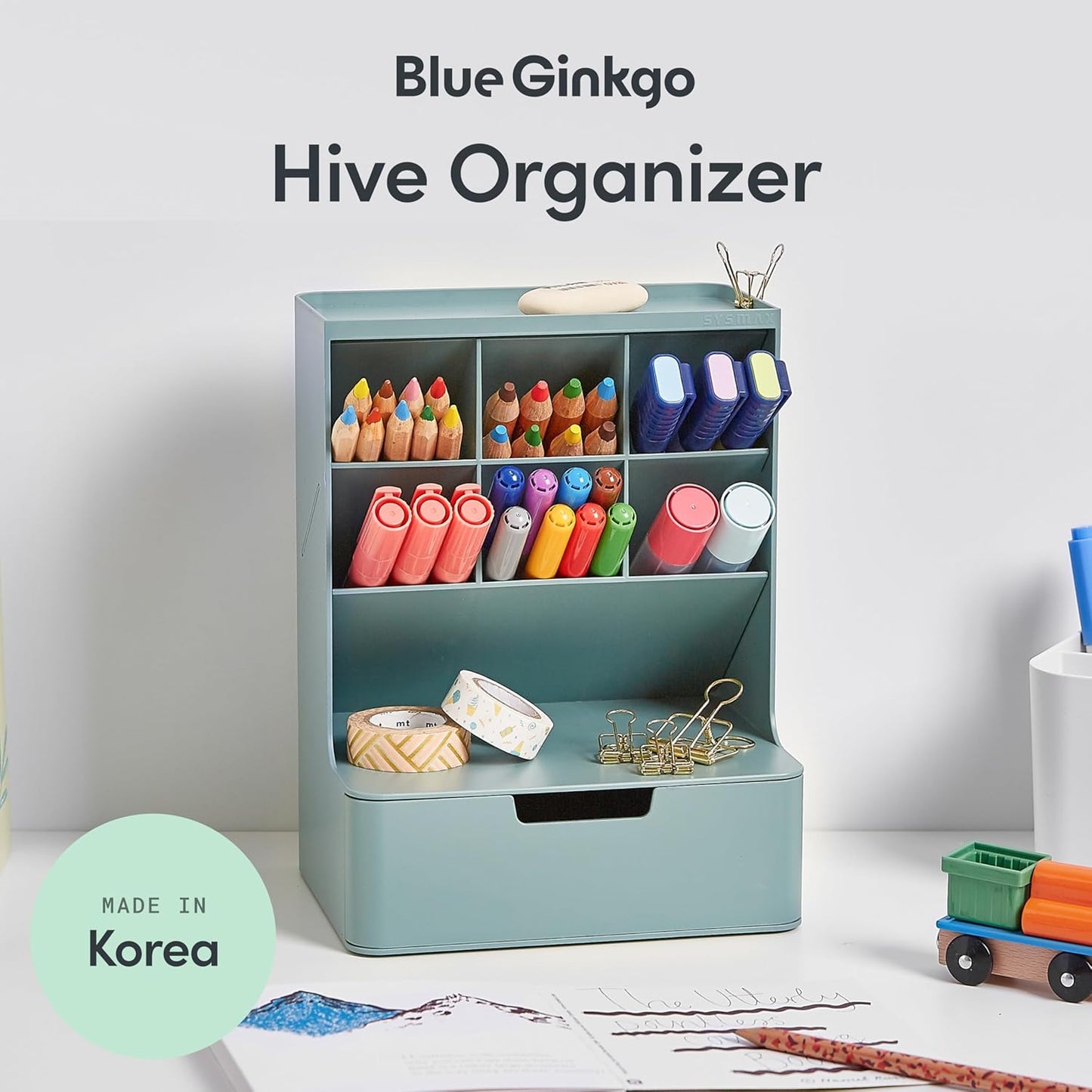 BLUE GINKGO Compact Desk Organizer – Small 5-Compartment, Half Drawer Storage – Pen Holder, Stationery Organizer for Desktop, Vanity, Shelf (Made in Korea, Green)