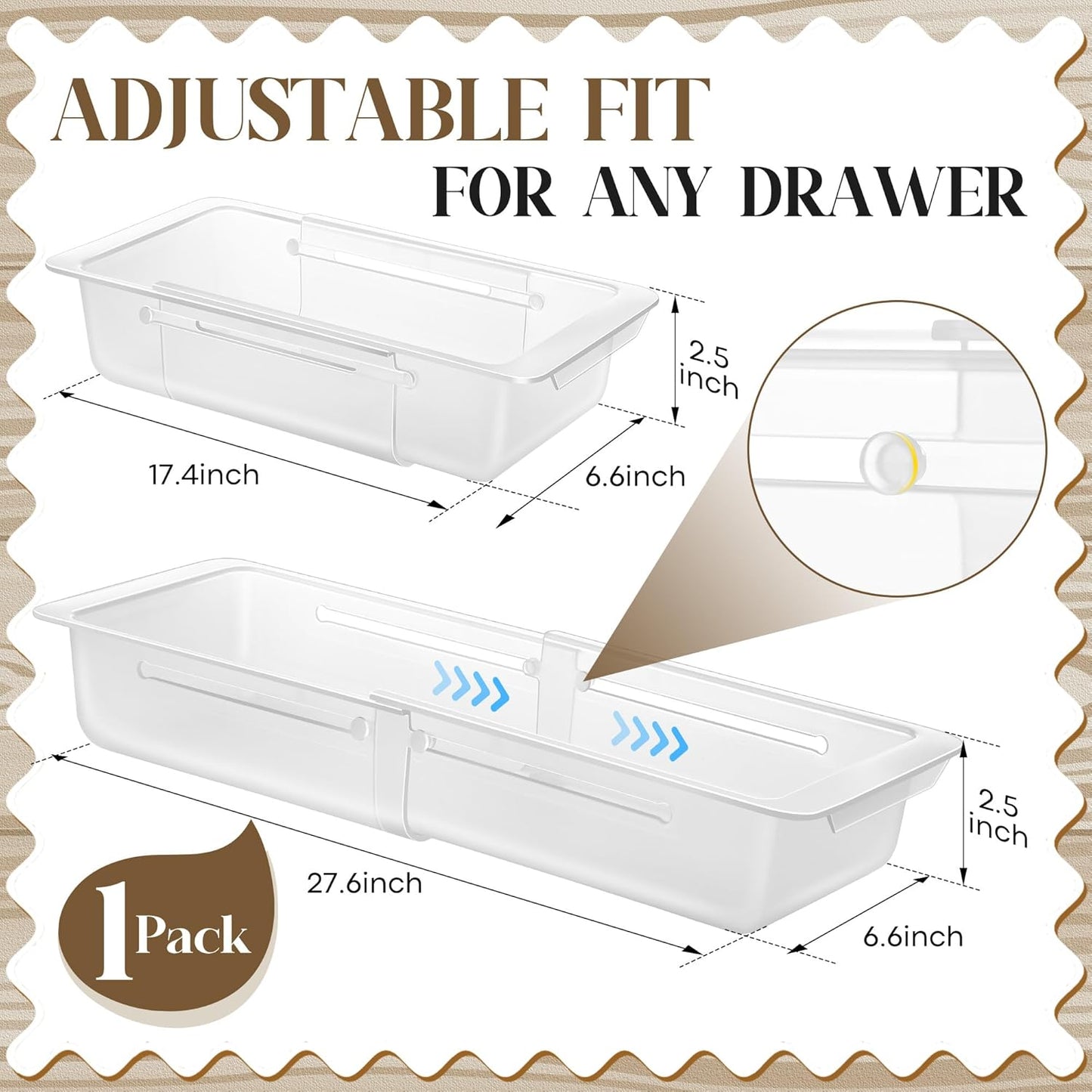 2 Pack Deep Drawer Organizer Bins, Adjustable Sliding Drawer Organizer Bin Expandable Tray for Kitchen Utensils, BBQ Tools, Towels, Durable Plastic Sliding for Easy Storage (17" to 27”)