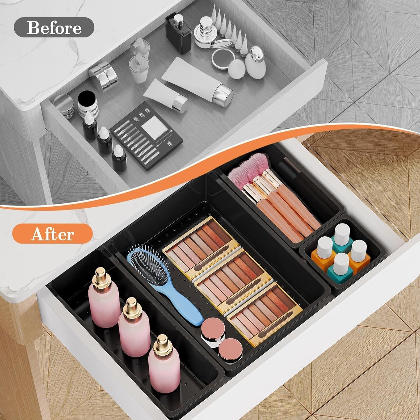 SpaceHacks 25 PCS Plastic Drawer Organizer Set, 4-Size Versatile Organizer Tool Trays & storage Bins for Makeup, Jewelry, and Gadgets in Bathroom, Bedroom and Office,Clear Black