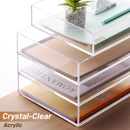 SANRUI 4-Tier Acrylic Stackable Desk Organizer Trays – Clear Vertical Paper Tray for A4/Letter Files, Folders & Office Supplies – Modular Desktop Storage Shelf, Workspace & Home Organization