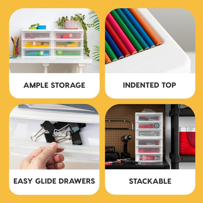 IRIS USA Plastic Stacking Desk Top 3-Drawer Storage Organizer, 2-Pack, for Makeup Vanity Nail Polish Bathroom Stationery Art Craft Supplies Kitchen Office Garage and Small Organization, Small, Black