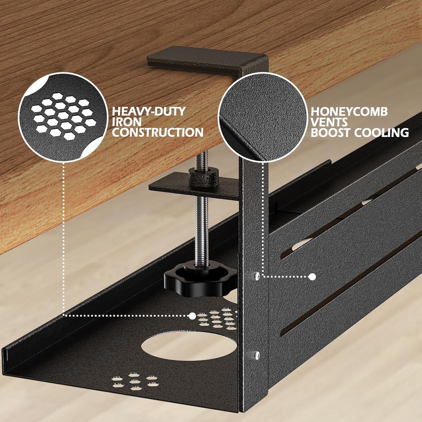 Under Desk Cable Management Tray - 18-29in Retractable Iron Cord Organizer, No-Drill Installation with Anti-Slip Pads, Desk Cable Tray for Office, Gaming,Standing Desks(Black)