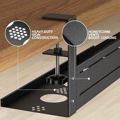Under Desk Cable Management Tray - 18-29in Retractable Iron Cord Organizer, No-Drill Installation with Anti-Slip Pads, Desk Cable Tray for Office, Gaming,Standing Desks(Black)