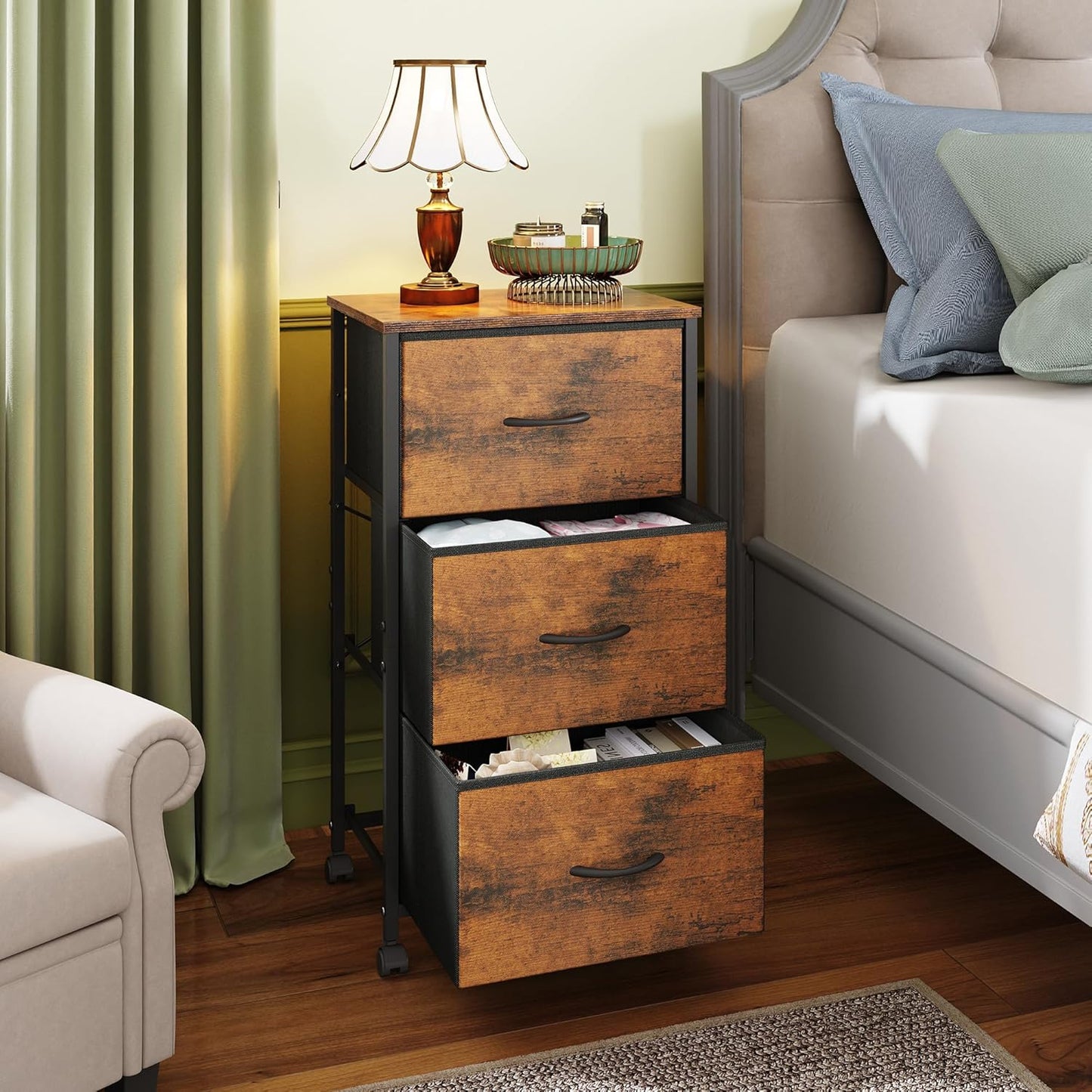 WLIVE Dresser with 3 Drawers, Fabric Nightstand, Cabinet with Wheels, Organizer Storage Dresser for Bedroom, Office, Entryway, Closets, Sturdy Steel Frame, Wood Top, Easy Pull Handle, White
