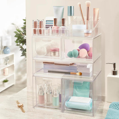 STORi Audrey Stackable Clear Bin Plastic Organizer Drawer | Organize Eyeshadow Palettes, Cosmetics, and Beauty Supplies on a Vanity | Made in USA