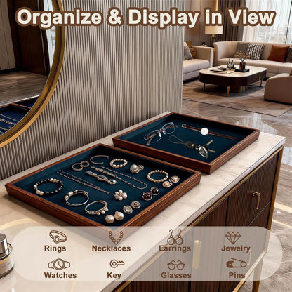Large Solid Wood Jewelry Watch Tray, Velvet Jewelry Board Display Trays for Key Wallet Ring，Stackable Wooden Jewelry Drawer Organizer Showcase Jewelry Holder(Royal Blue)