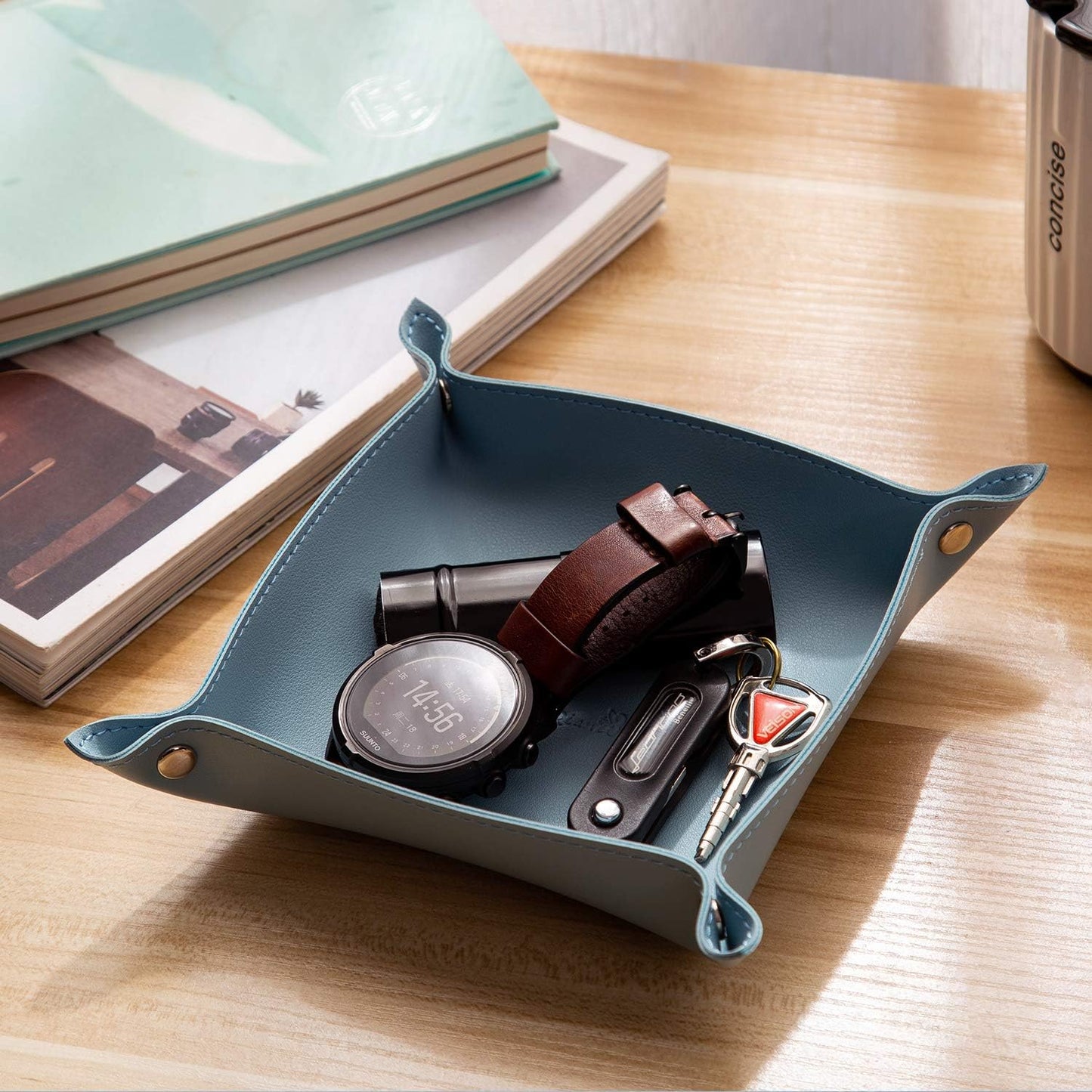 SANQIANWAN Leather Jewelry Valet Tray for Women and Man, Entryway Table Bedside Nightstand Desk Portable Small Catchall Travel Dish Plate for Key,Wallet,Watch,Phone,Coin(Pink-B)