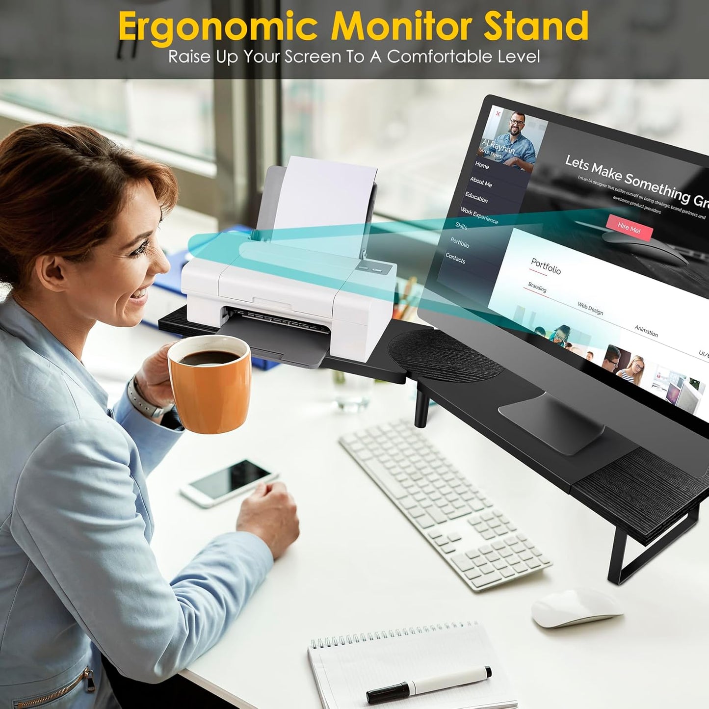 Across-Star Dual-Monitor-Stand-Riser-For-Desk Adjustable Length 32-40 Inch，Large Desktop Computer Monitor Riser For 2 Screens，Desk Shelf Organizer Riser Stand For Computer/Laptop/PC/Printer/TV Black