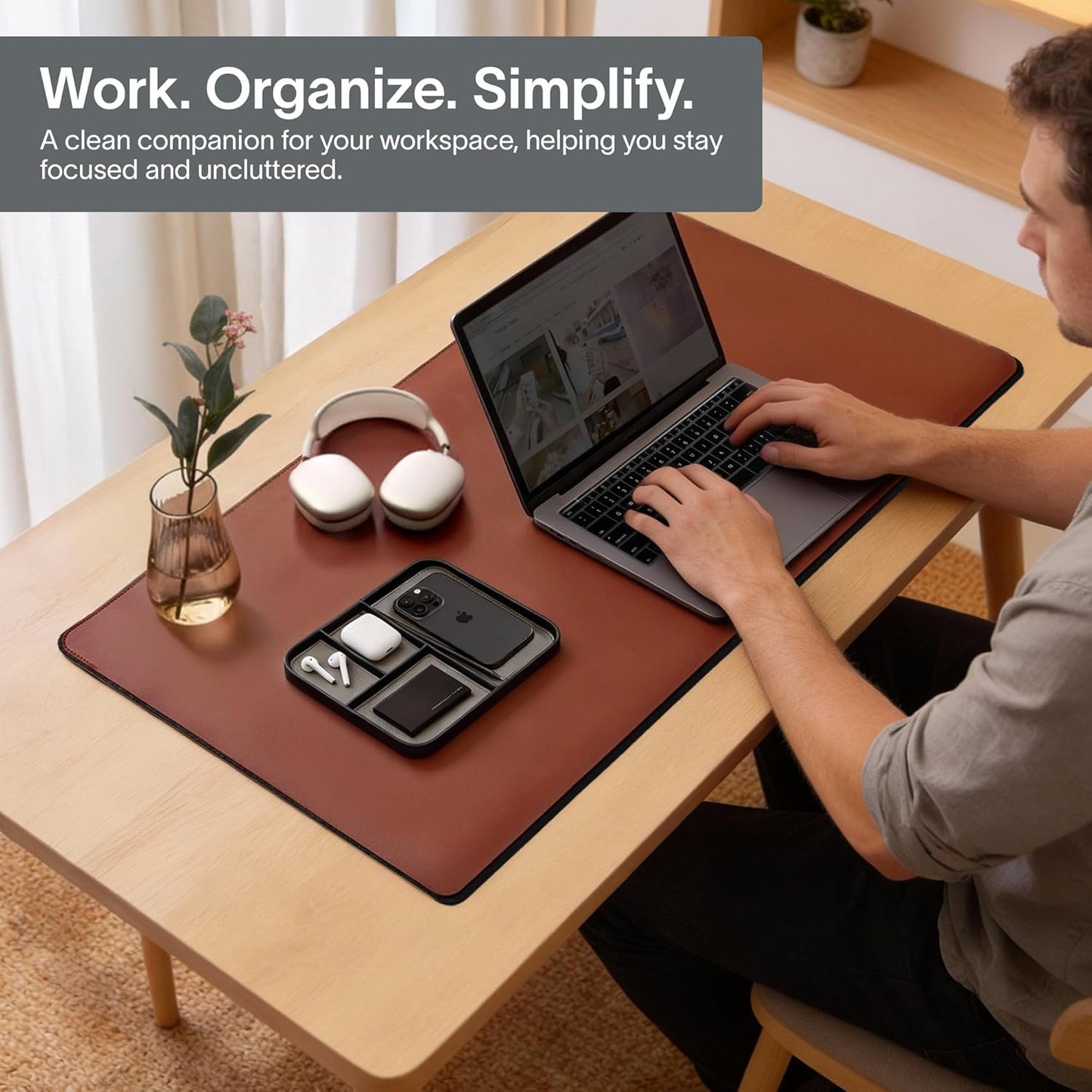 Nordik Leather Valet Tray - Sand Brown - 9.5 x 7.9 Inch Medium Vegan Leather Tray - Stylish Nightstand Organizer for Men - Modern Bedside Caddy - EDC Catchall for Key Watch Wallet Jewellery