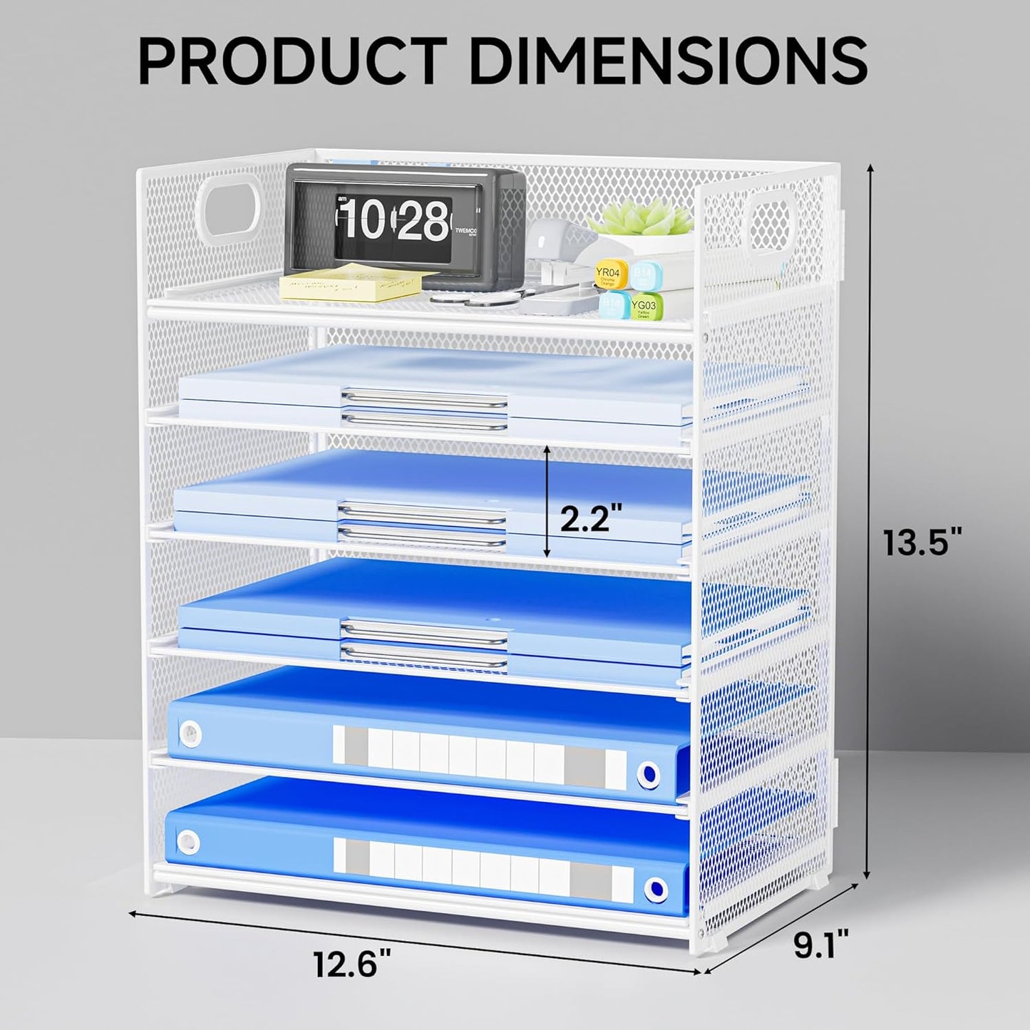 Paper Organizer Letter Tray with Handle, 5-Tier Black Stackable Desk Organizer with Metal Mesh, Sturdy Paper Tray for Office Desk, Home & Classroom Supplies Storage