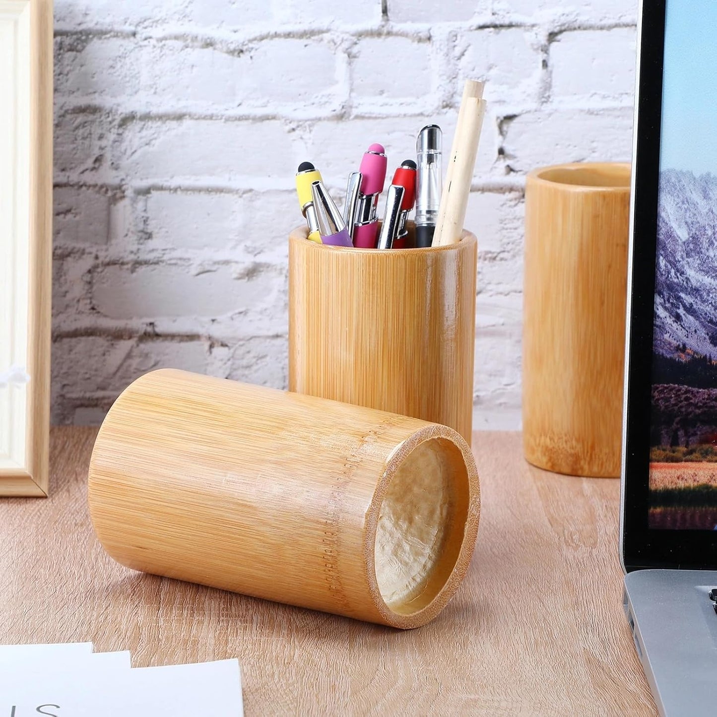 Zhehao 6 Pcs Bamboo Pen Holder Solid Wood Desk Pen Pencil Holder Stand Wooden Pencil Organizer for Desk Multi Purpose Use Cylindrical Cup Organizer for Home School Office Supplies