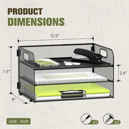 DALTACK 3 Tier Paper Organizer with Handle, Mesh Metal Desk Organizer with Sliding Paper Trays for Letter/A4 Paper, Mail, Bills & Folders, Black