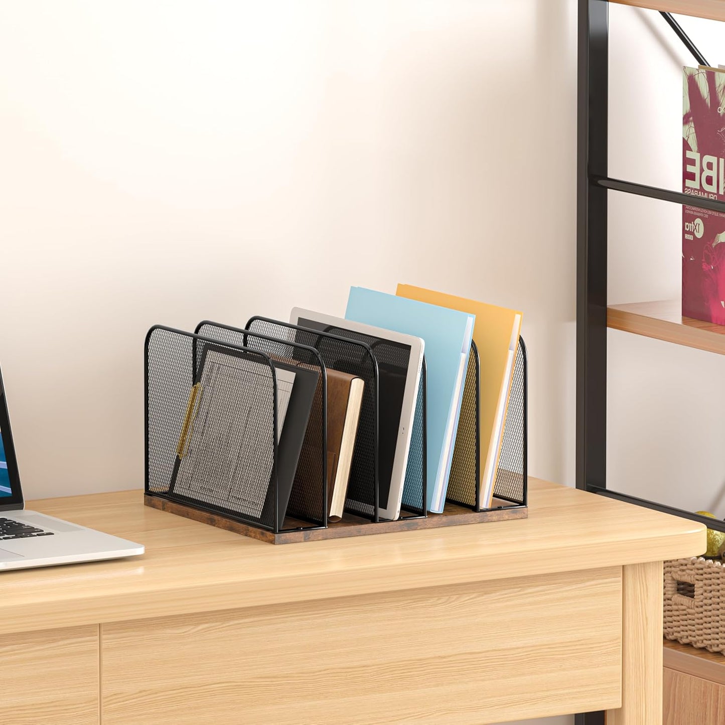 Piskyet Wooden Desk File Organizer, 5-Section Vertical File Folder Holder Stand,Metal Mail Paper Chromebook Organizer for Teacher Desk Office Classroom Desktop Organization