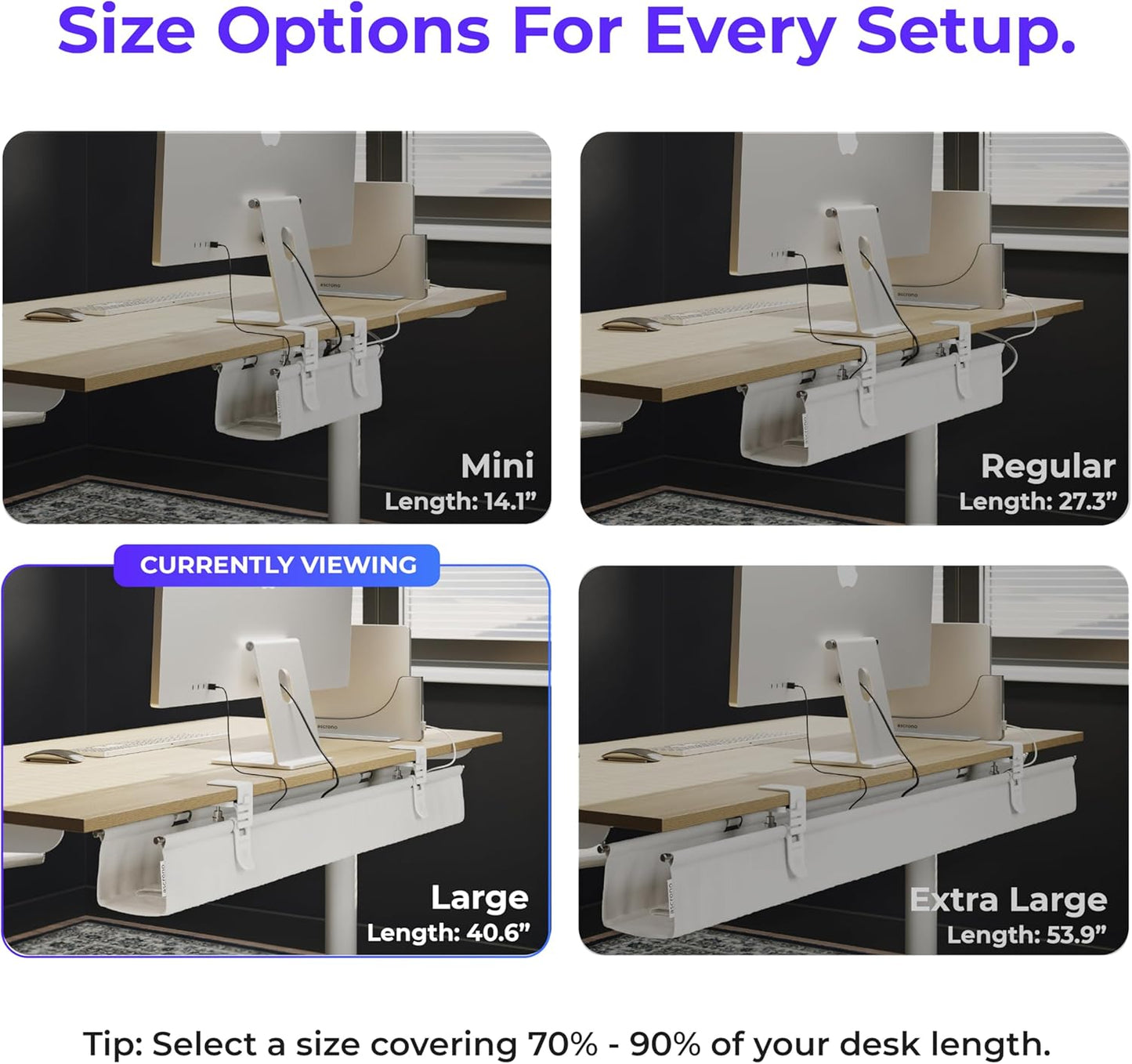 Ascrono Original No Drill Under Desk Cable Management Tray 27.3" - Premium White Fabric Cable Management Under Desk - Clamp/Screw Mount Cord Organizer - Supports Upto 66lbs