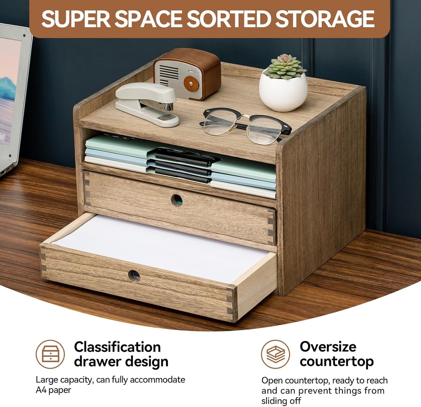 KIRIGEN Wooden Desktop Organizer Paper Storage Letter Tray File Sorter - Desk Rack Magazine File Dividers Holders for Home Office Accessories Wood Desk Cabinet with 3 Layer Trays Natural(3KWJG-NA)