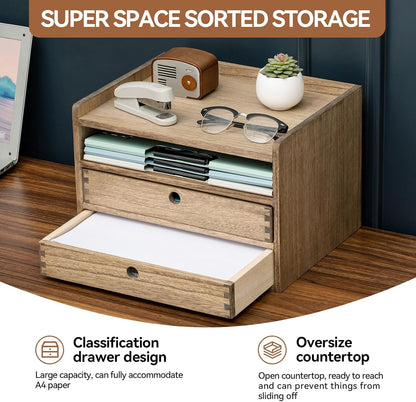 KIRIGEN Wooden Desktop Organizer Paper Storage Letter Tray File Sorter - Desk Rack Magazine File Dividers Holders for Home Office Accessories Wood Desk Cabinet with 3 Layer Trays Natural(3KWJG-NA)