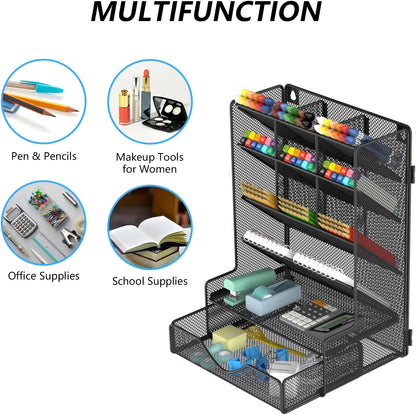 BOHDK Pen Organizer for Desk, Multi-Functional Desk Organizer, Wall Mount Pen Holder with Drawer for School, Office, Home, Art Supplies, Black